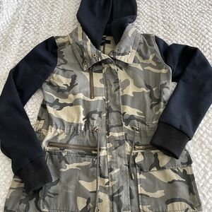 Forever 21 Green Camo Hooded Jacket with Black Sleeves